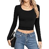 Laughido Women's Scoop Neck Long Sleeve Ribbed Knit Fleece Slim Fit Casual Basic T Shirt Crop Top 2025 Trendy Y2k Outfits