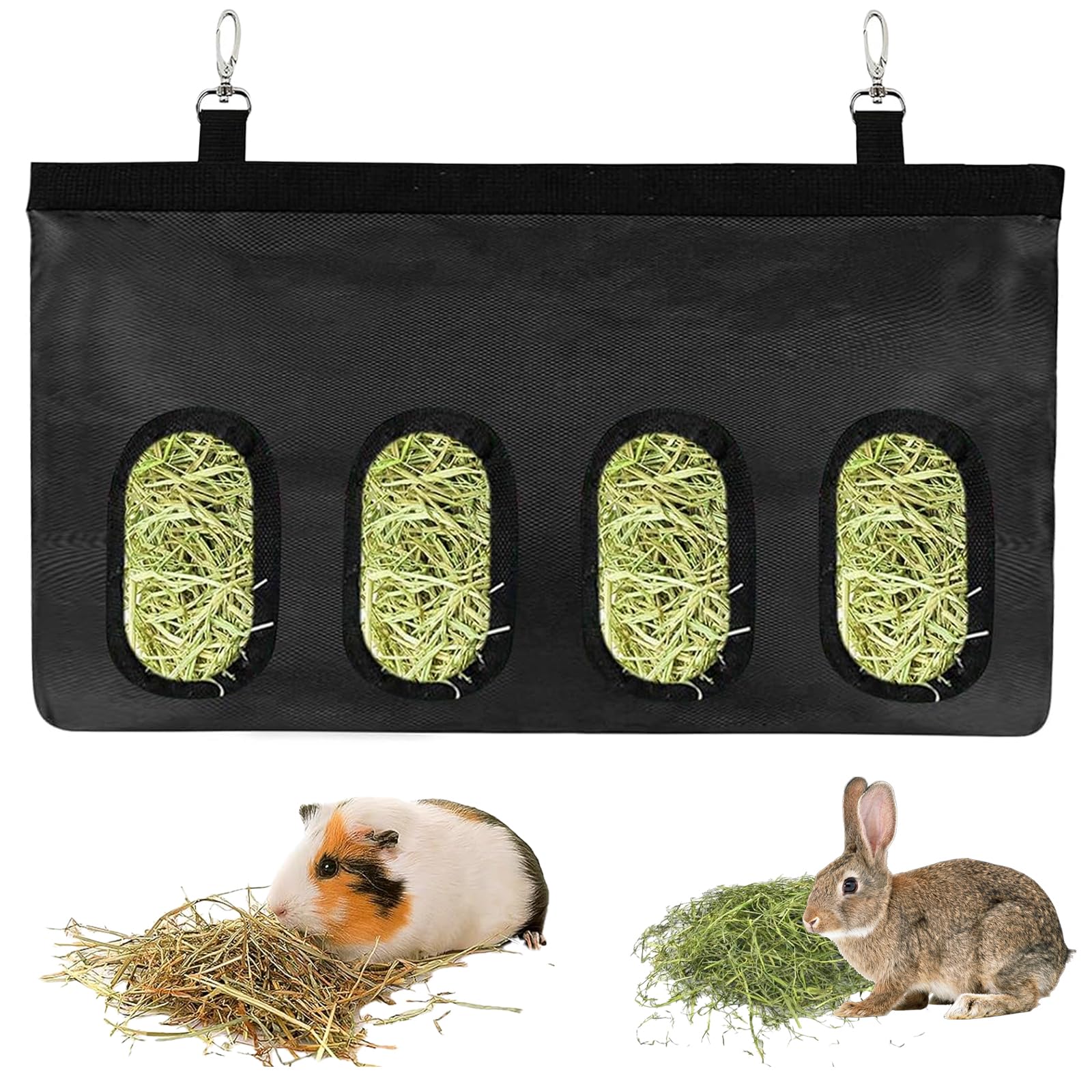 Rabbit Hay Feeder Bag,Guinea Pig Hay Bag,Automatic Feeders Bag, Hanging Feeding Hay with 4 Holes for Small Pets, Black
