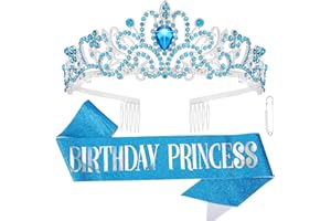 CIEHER Princess Crown and Sash Set, Blue Birthday Crown and Tiara for Girls and Women, Happy Birthday Accessories