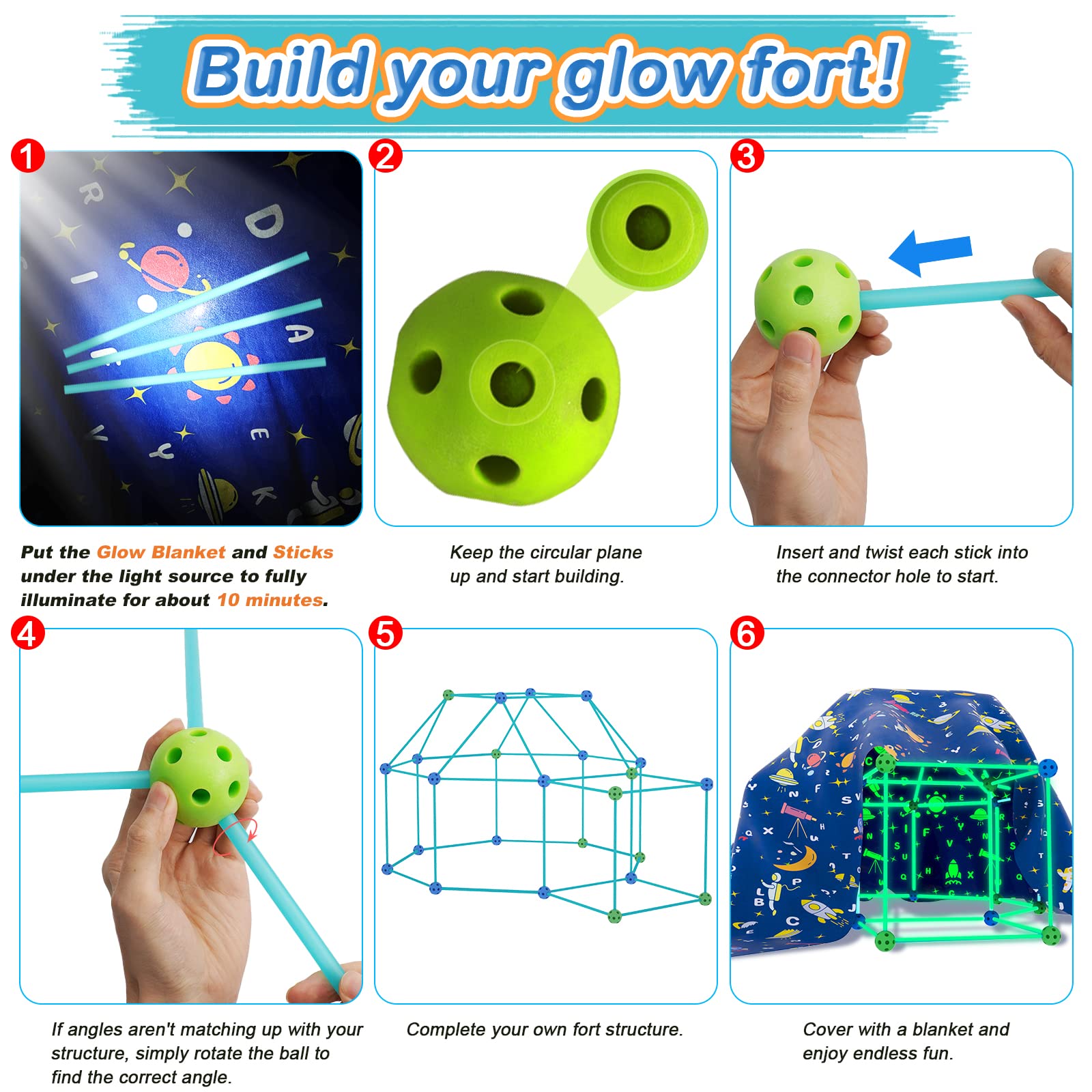160PCS Kids Fort Building Kit Glow in the Dark Build a Fort with Blanket STEM Educational Toys for 4 5 6 7 8 9 10 11 12 Years Boys Girls Ultimate Construction Gift DIY Forts Builder Set Indoor Outdoor