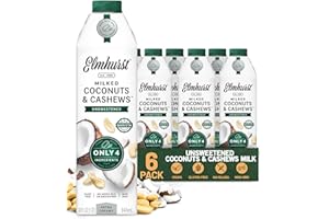 Elmhurst 1925 Unsweetened Coconut & Cashew Milk - 32 Ounce (Pack of 6) Dairy-Free, Gluten-Free, Vegan, Shelf Stable Milk Made w/Coconut Cream & Cashews for Healthier, Simpler Plant-Based Alternatives