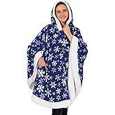 PAVILIA Wearable Blanket for Adult Women, Cozy Plush Fleece Blanket Poncho Cape with Hood, Super Soft Shawl, Angel Wrap Throw for Office, Snowflake Blue
