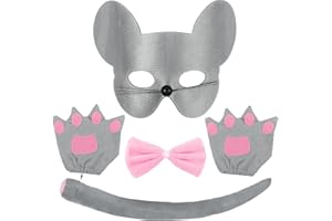 Exlinonline Mouse Ears Halloween Costume with Mask,Tie,Tail and Glove for Rat Mouse Costume Grey Pink for Adult Kids Cute