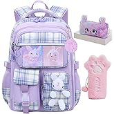 KBGPW Cute Girls Backpack,Rabbit Kids School Backpack with Pencil Case, Elementary School Bag for Girls 5-10 Year Old (Purple-16.5inch)