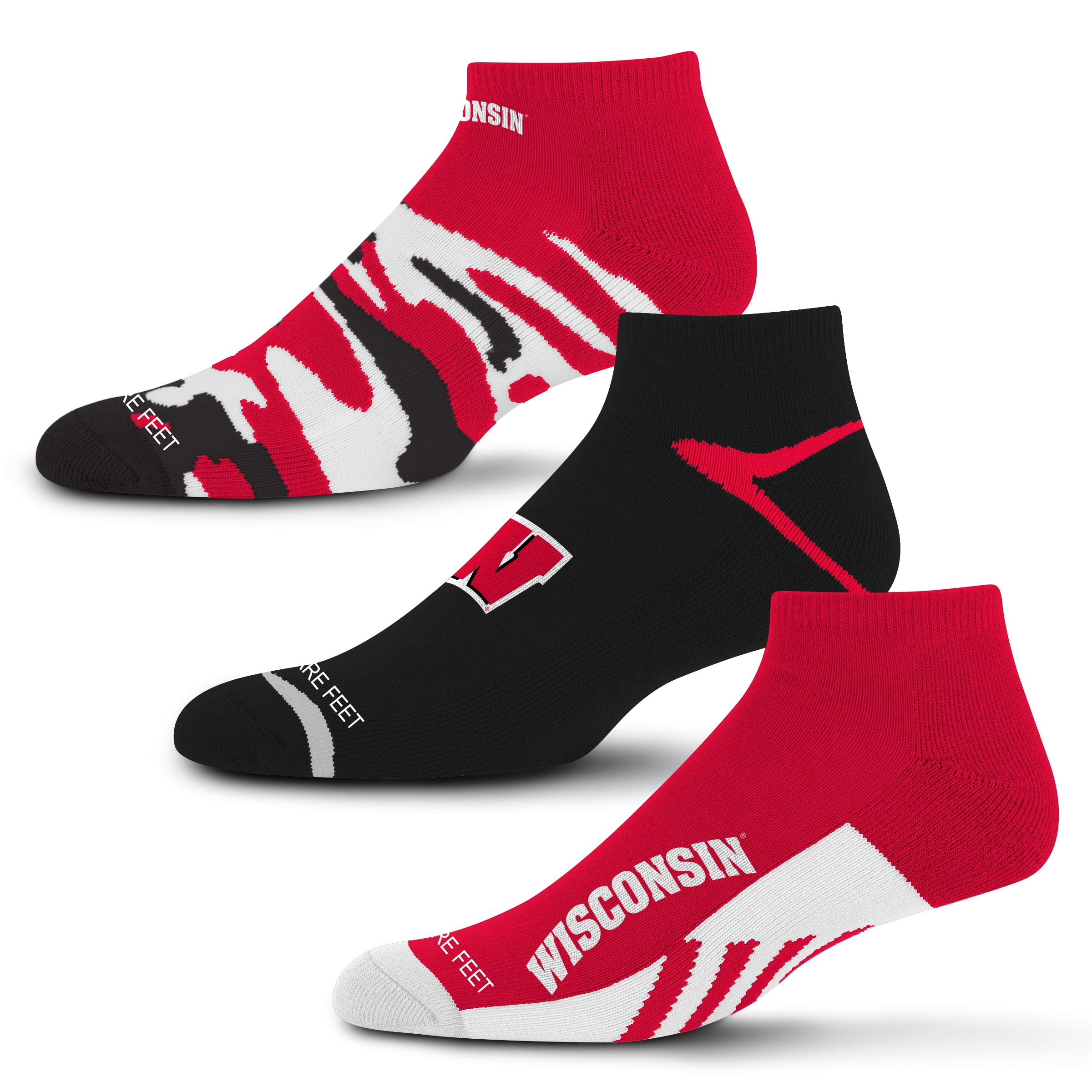 For Bare Feet NCAA Wisconsin Badgers CAMO BOOM 3 Pack Ankle Sock Team Colors Medium Image