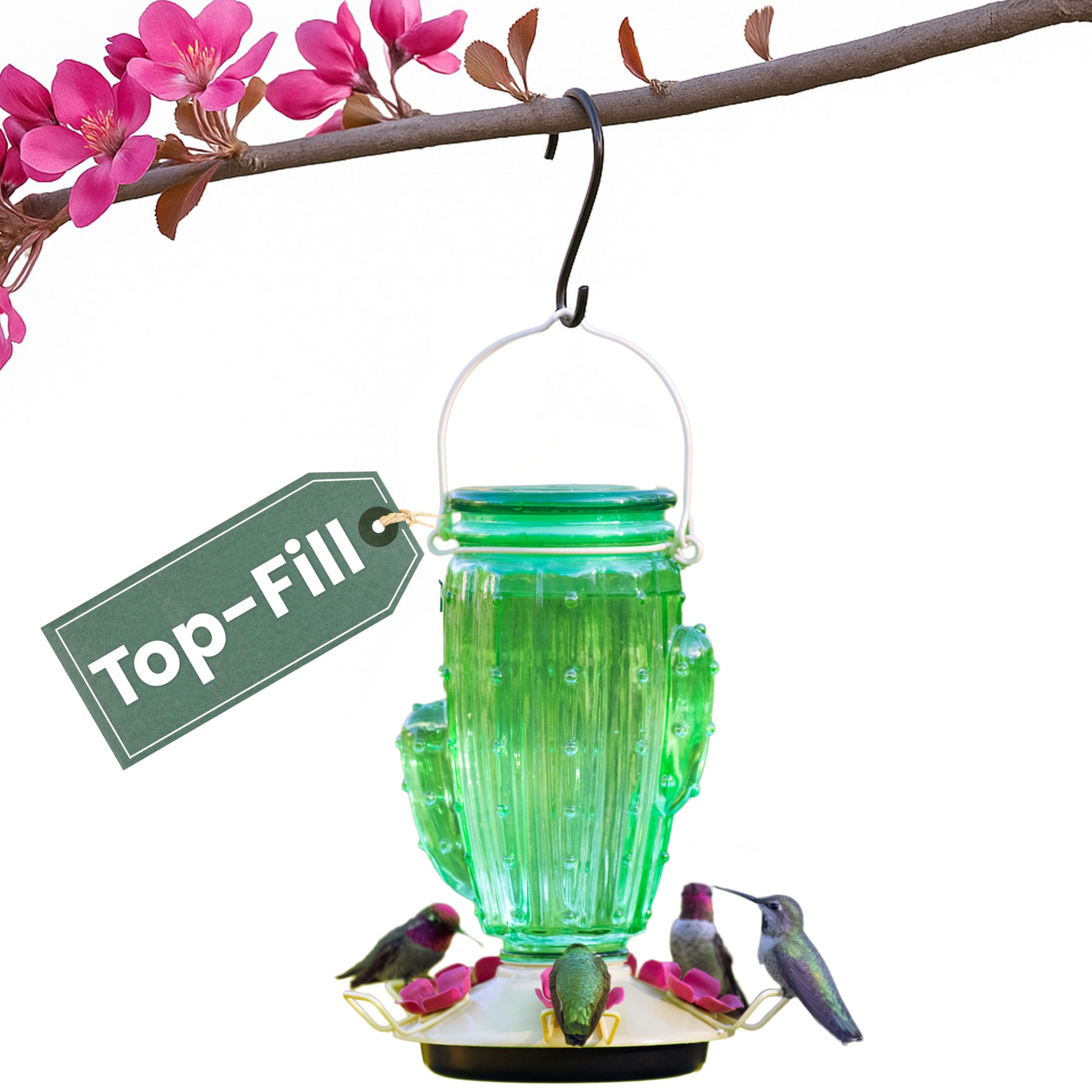 Perky-Pet 9111-1SR Cactus Top Fill Glass Hummingbird Feeder with Built-in Bee Guards & Removable Perches - 32 oz Outdoor Garden Décor Hummingbird Feeder