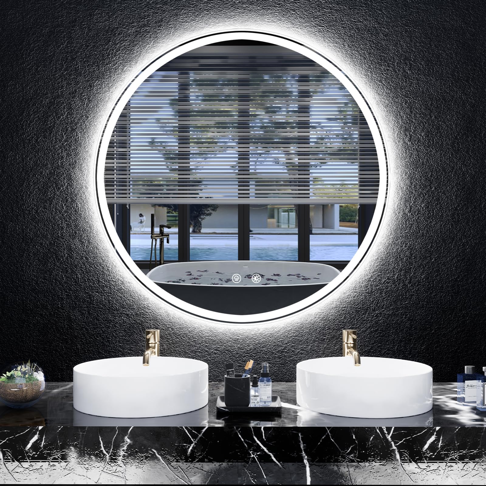Photo 1 of 24 Inch LED Bathroom Mirror: Round Vanity Mirror with Lights, Dimmable & 3 Color Change, Backlit&Front Lit,4MM Tempered Glass, Shatterproof, Anti-Fog Bathroom Shower Mirror, espejos para baños con luz