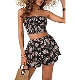 LYANER Women's 2 Piece Summer Outfits Boho Flora Print Crop Top Sleeveless Shirred Tube Top and Shorts Sets