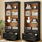LITTLE TREE 72" Tall Black Bookcase, 5-Tier Office Bookself with File Cabinet Drawers,Modern Floor Standing Storage Filing Cabinet Book Shelf for Living Room,Bedroom(2 Piece,Black)