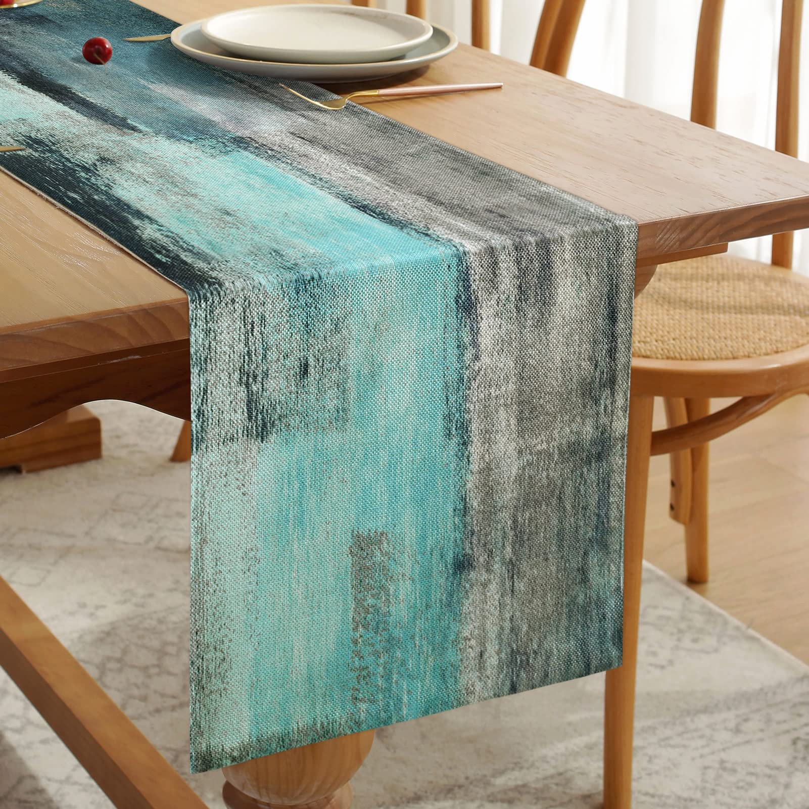 Teal Table Runner Linen Table Runner Thicken Turquoise Blue and Grey Decorative Cloth for Coffee Table, Holiday Parties, Wedding, Events Dinner, Home Decor 33 cm x 183 cm