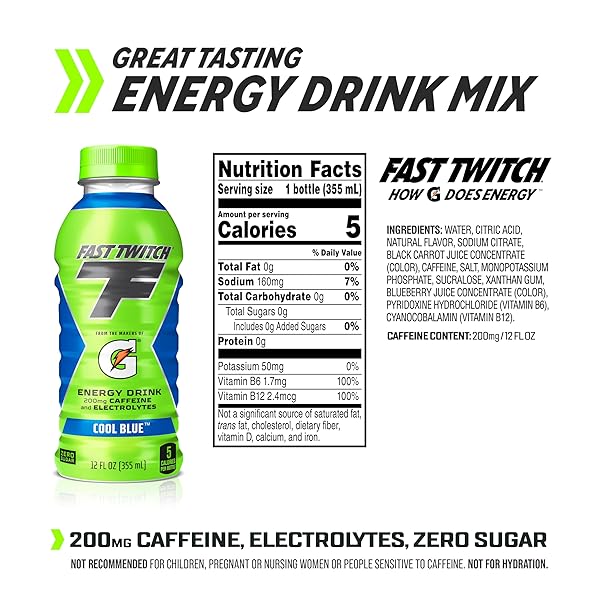 FAST TWITCH ENERGY DRINK FROM GATORADE, COOL BLUE, 12OZ BOTTLE, 200MG CAFFEINE, ZERO SUGAR, ELECTROLYTES