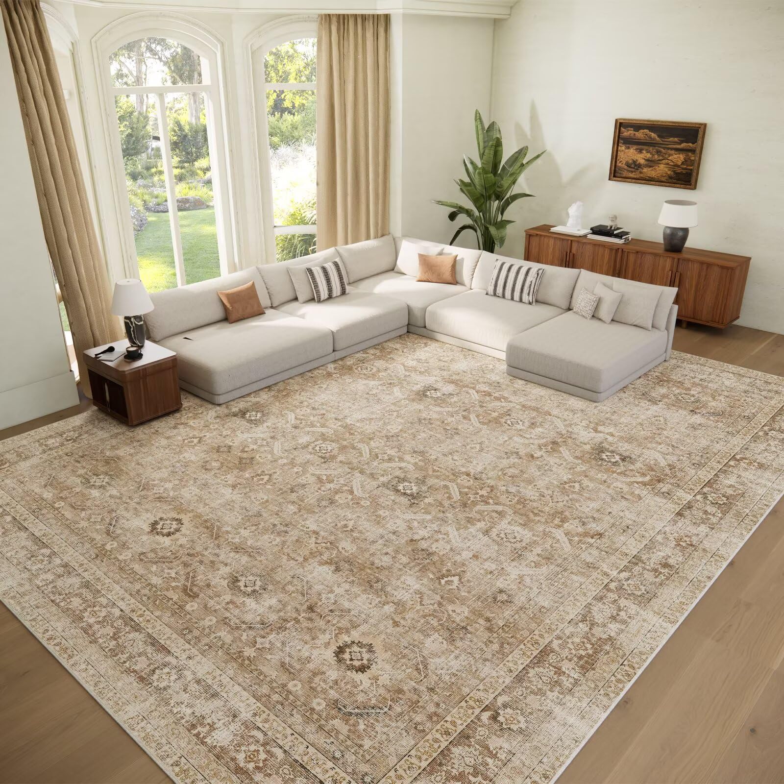 Photo 1 of Washable 9x12 Area Rugs for Living Room, Boho Non-Slip Vintage Distress Lager Rugs for Bedroom Dining Room Nursery Office, 0.3" Neutral Oriental Throw Thin Carpet, Brown/White/Multi