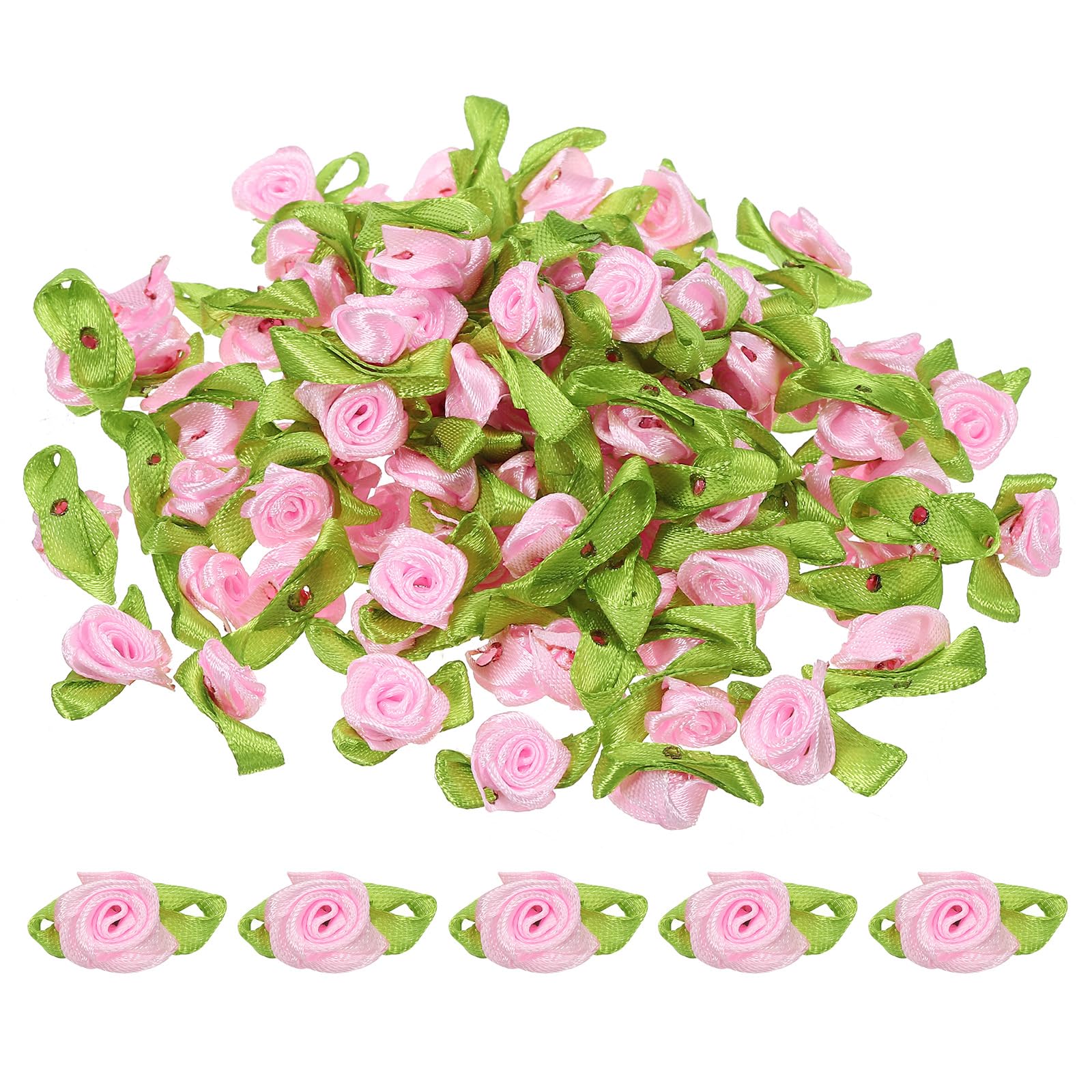 PATIKIL Mini Ribbon Roses, 100 Pcs Tiny Satin Fabric Flowers with Green Leaves Embellishments Rosettes Applique for DIY Crafts Sewing Wedding,Pink — image 1