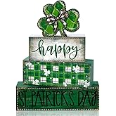 DIYDEC 4Pcs St.Patrick's Day Table Decoration Shamrocks Wooden Block Signs Rustic St. Patrick Tiered Tray Decor Happy St.Patrick's Day Centerpiece Sign for Farmhouse Holiday Tabletop Home Party Decor