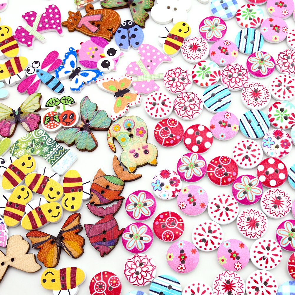 150 pcs Mixed Wooden Buttons, Cartoon Wood Buttons and Round Painting Buttons for Crafting,Sewing,Scrapbooking and DIY Decoration