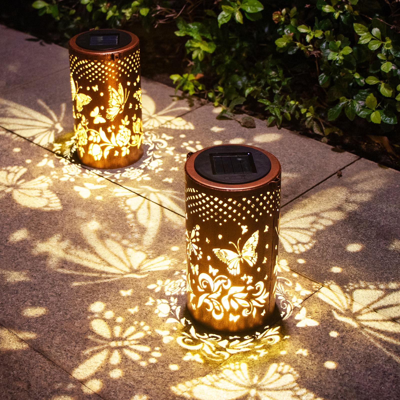 2 Pack Butterfly Solar Lanterns Outdoor Hanging Lantern Lights, Butterfly Hollowed-Out Metal Decor Lantern, Butterfly Garden Decoration for Patio, Yard