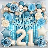 Dusty Blue 21st Birthday Decorations for Him Her Beige Cream Number 21 Balloon Blue Gold Happy Birthday Banner Fringe Curtain Paper Pom Poms Nude White Sand Champagne Star Foil Balloons Party Decor
