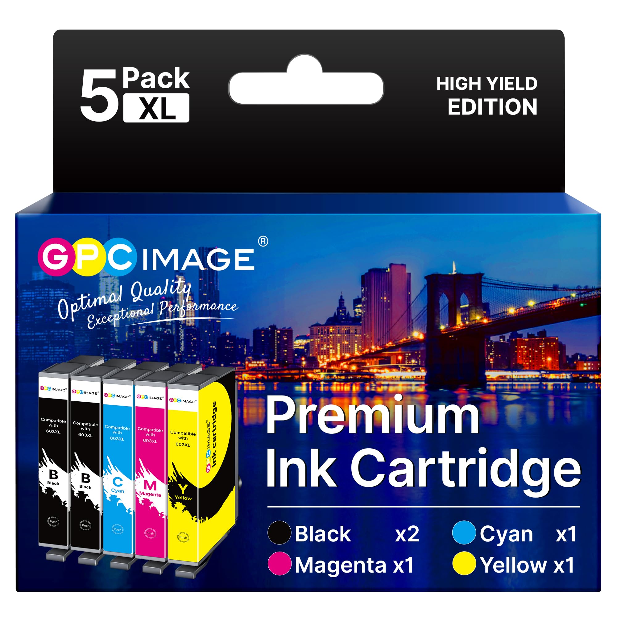 GPC Image Compatible Ink Cartridges Replacement for Epson 603 603XL for Workforce WF-2810dwf 2830dwf 2835dwf 2850dwf XP-3100 XP-4100 XP-2100 XP-2105 XP-3105 XP-4105(Black Cyan Magenta Yellow, 5-Pack)
