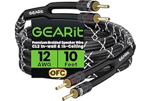 GearIT 12AWG Speaker Cable Wire with Gold-Plated Banana Tip Plugs (10 Feet) in-Wall CL2 Rated, Heavy Duty Braided, 99.9% Oxygen-Free Copper (OFC) - Black, 10ft