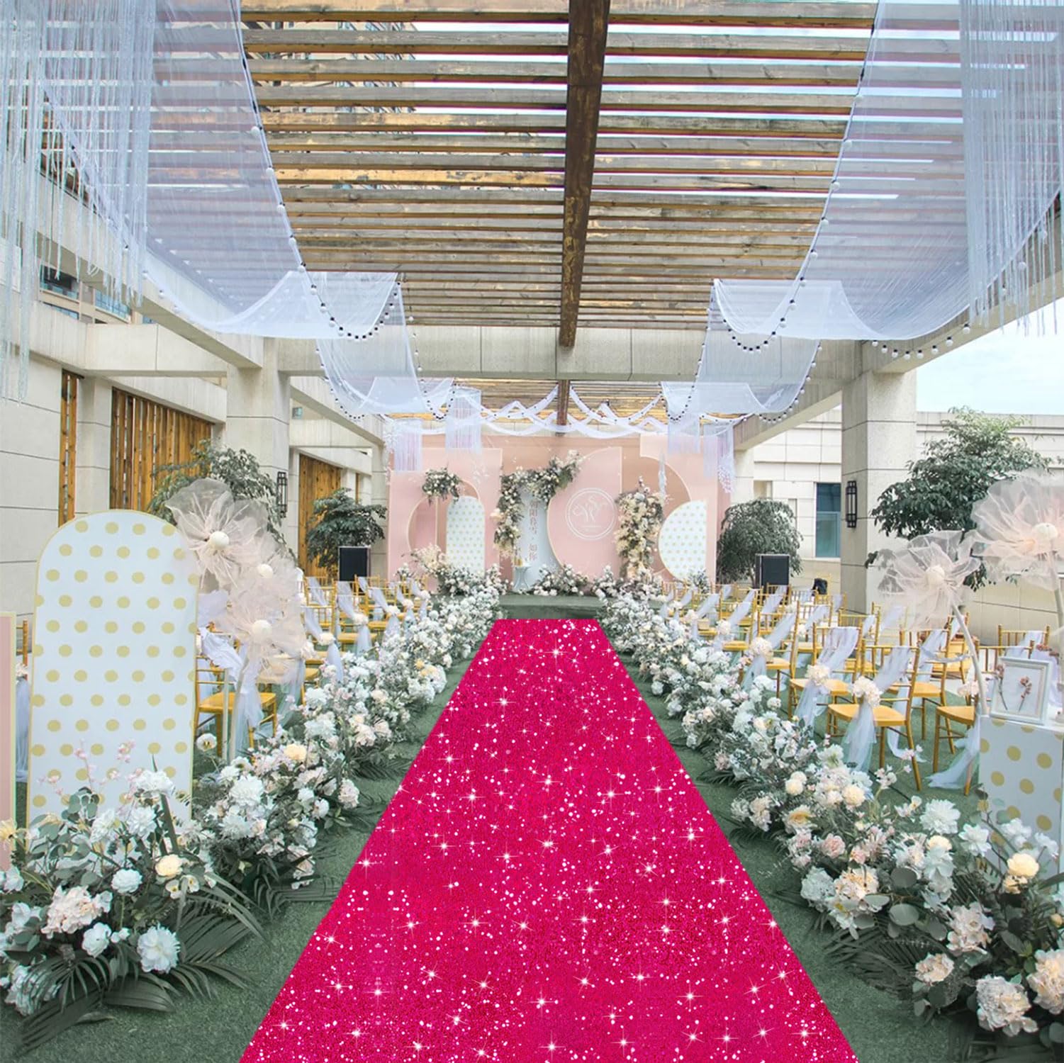 Photo 1 of FUHSY Wedding Aisle Runner Rug Hot Pink Sequin Carpet Aisle Runner for Outdoor Wedding Ceremony Floor Runner Aisle Fuchsia Sparkle Wedding Walkway Runner for Outside Beach Bridal Shower Decorations
