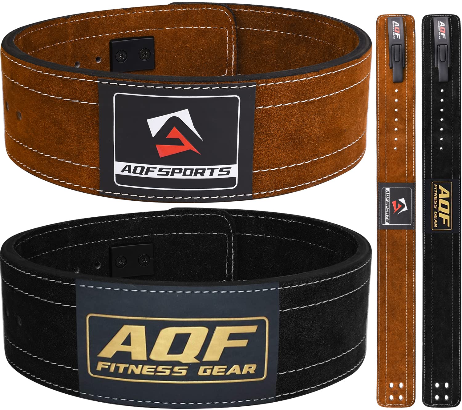 AQF Leather Weight Lifting Belt - IPL and USPA Approved Powerlifting Belt Back Support - 4” Wide x 10mm Thick Lever Buckle Cowhide Leather Deadlifting Training Bodybuilding Belt (Brown, S)