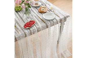 Horaldaily White Silver Sparkling Star Gauze Tablecloth 60×140 Inch Rectangular, Silver Star Sequin Glitter Metallic Foil, Sh