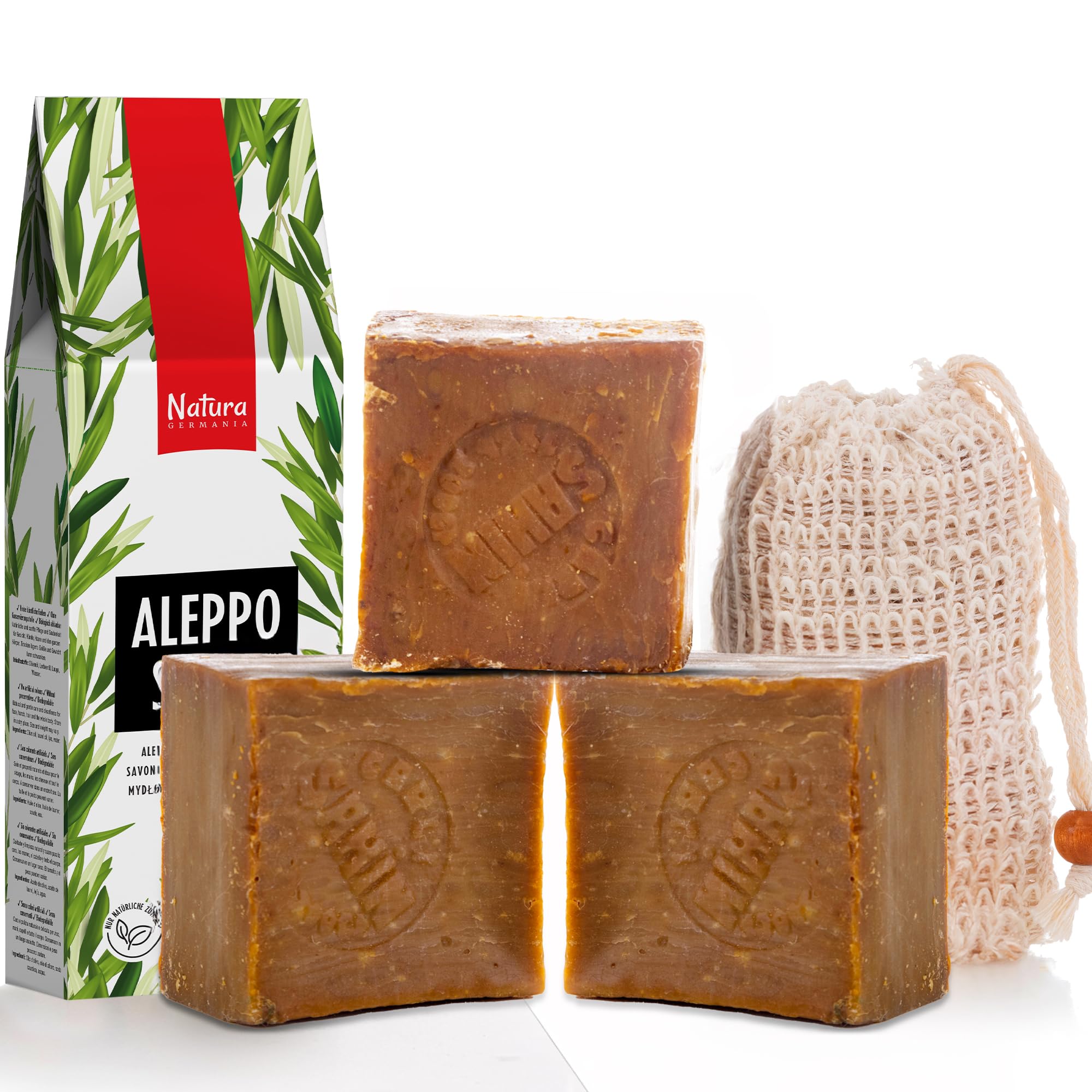 Natura Germania Aleppo Soap 3x approx. 200g each (600g total) 100% Olive Oil + Sisal Soap Pouch | Hair Soap, Natural Soap, Shower Soap | Handmade & Vegan