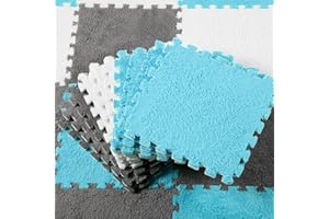 Shihanee 100 Tiles Bulk Foam Play Mat Interlocking Carpet Tiles Baby Play Mat Short Coral Fleece Plush Puzzle Foam Floor Mat for Kids Toddler Play Area Home Bedroom Parlor(Gray, White, Lake Blue)