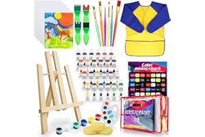 Deluxe Paint Set, Paint Kit with Table Top Easel, Smock, and Drawing Board, Sponge Brushes, Acrylic Canvas Painting for Teen 