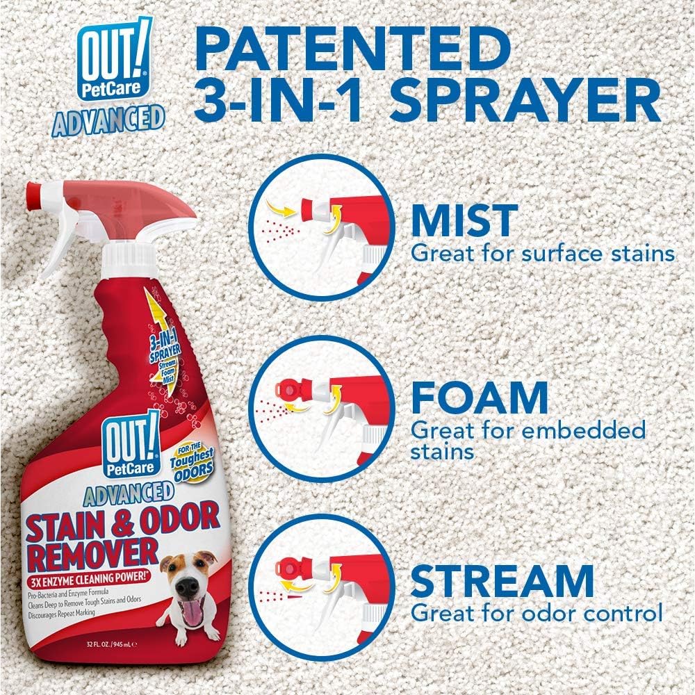 OUT! PetCare Advanced Stain and Odor Remover | Pro-Bacteria and Enzyme Formula for Tough Stains and Odor | 32 oz (Pack of 2) : Pet Supplies