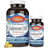 Carlson - Norwegian Salmon Oil, 500 mg Omega-3s, Norwegian Salmon Oil Supplement, Wild Caught Omega 3 Salmon Oil Capsules, Sustainably Sourced, Brain, Heart & Joint Health, 180+50 Softgels