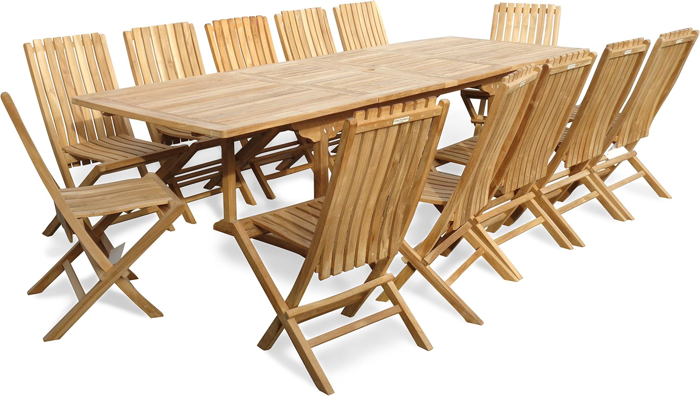 Windsor's Premium Grade A Teak 108"x39" Rectangular Double Extension Table w/12 Java Folding Chairs w/Lumbar Support Back, 5 Yr Wrty, World's Best Outdoor Furniture! Teak Lasts A Lifetime!