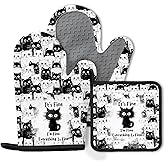 Black Cat Oven Mitts and Pot Holders Sets 3PCS, Cat Silicone Heat Resistant Oven Mitts Birthday Gifts for Cats Lover, Cute Cats Pot Holder Non-Slip Silicone Oven Gloves for Mom Wife Sister BFF