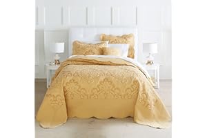 BrylaneHome Bedding Lightweight All Season Modern Amelia Quilted Damask Oversized Ultra Soft Bedspread - King, Honey Gold