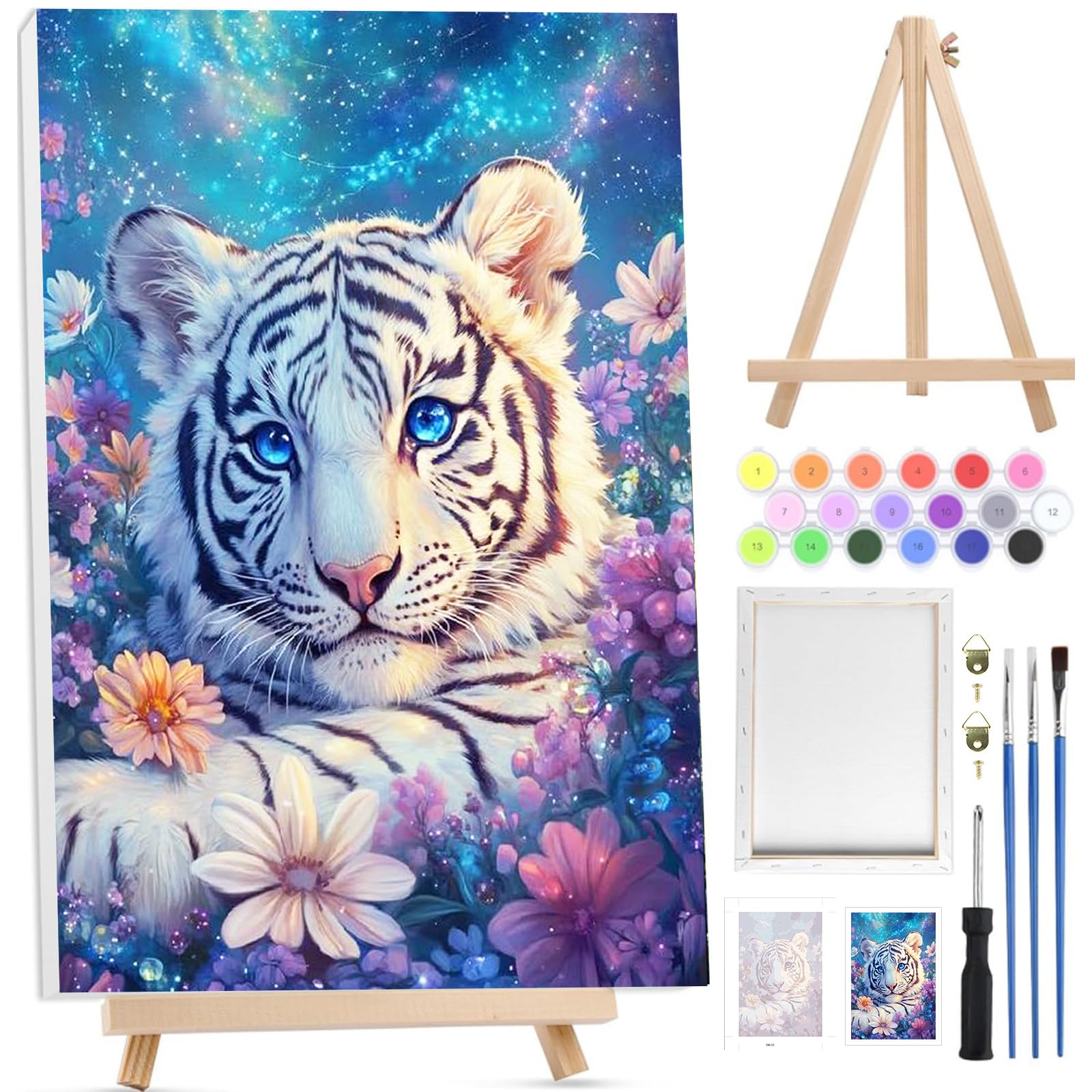 Bowetile White Tiger Paint by Numbers for Adults with Framed Canvas&Wooden Easel, Painting by Numbers Kit for Adults Beginners Canvas Kit,Color Oil Painting Acrylic Paints for Home Wall Decor20x30cm