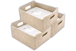 Welaxy Storage Baskets Collapsible Felt Storage bin Foldable Shelf Drawers Organizers for Kids Toys pet Toy magazine Books Clothes Closet Cabinet decluttering gift solutions (Oatmeal x 3)