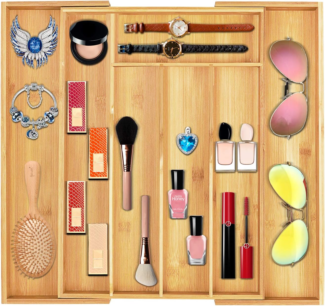 Cozihoma Cutlery Tray Jewelry Showcase With 5 To 7 Compartments Bamboo Utensil Drawer Organizer Adjustable Kitchen Drawer Insert 100 Pure Bamboo Flatware Organizer Utensil Tray Cutlery Trays