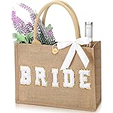 Silkfly Wedding Bride Bag Natural Jute Tote with Ribbon Bride Gift Bag with Handle for Shower(Gold Diamond,Bride)
