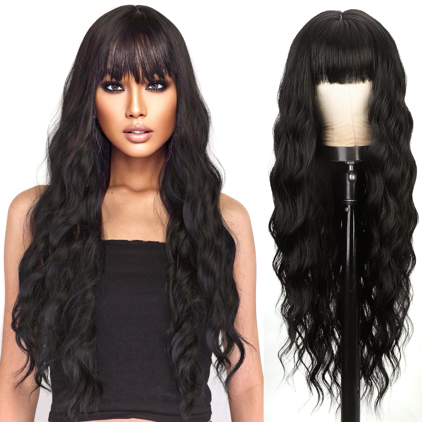 YEESHEDO Long Black Wigs for Women with Fringe Natural Looking Curly Wavy Synthetic Hair for Ladies Daily Wear or Halloween Cosplay,28 Inches — image 1
