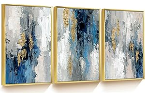Sofoney - Hand Painted Blue and Gold Abstract Canvas Wall Art 3 Piece Textured Blue and Gray Wall Decor with Gold Foil for Living Room Bedroom Office - 20"x30"x3 Panels, Gold Framed