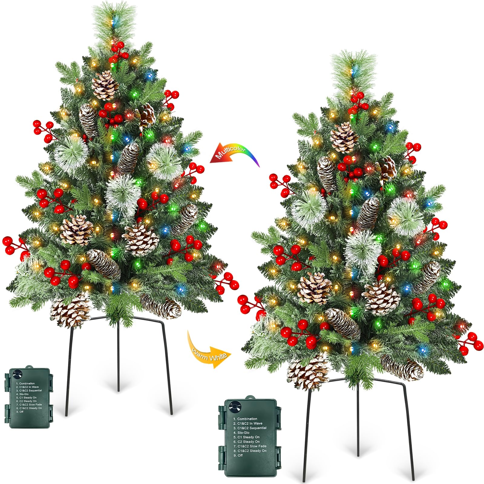 Photo 1 of 2 Pack 33" Outdoor Christmas Tree Urn Fillers with 50 Warm&Colorful Change Lights 8 Modes Timer Christmas Decorations Outdoor 230 Branches Pinecones Berries Tripod Stakes Battery Operated Yard Porch