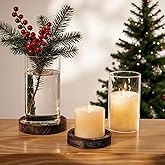 NUPTIO Hurricane Candle Holder for Centerpiece: Glass Pillar Candle Holder with Rustic Brown Wooden Plate - Set of 2 Floating Candles Cylinder Vase for Outdoor Wedding Table Decor