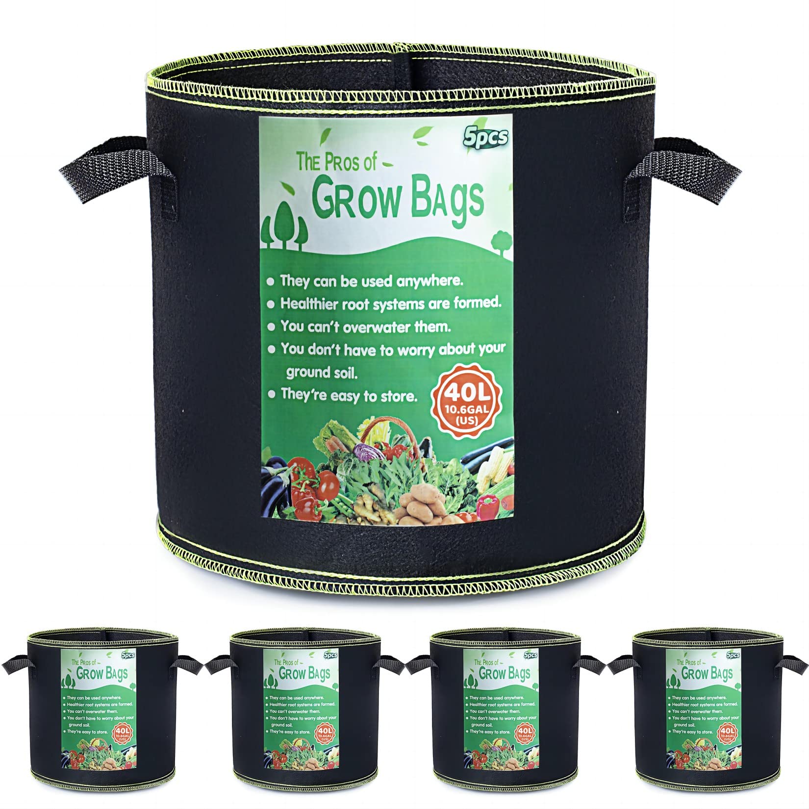 Growerz 40L (DIA40 x H32cm) Fabric Grow Pot – Durable Non-Woven PET Plant Container for Air Pruning, Root Health & Drainage – Reusable Pot for Indoor/Outdoor Gardening