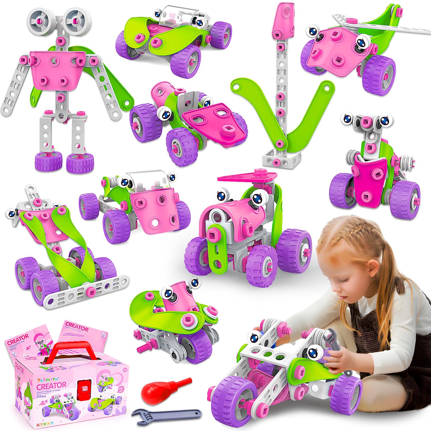 STEM Toys for 4 5 6 7 8+ Year Old Girl Birthday Gifts Pink Educational Building Toys for Kids Ages 4-8 5-7 8-10 Stem Activities Construction Toy for Girls 4-6 6-8 Creative Games Easter Idea Gift