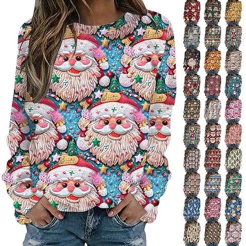 Gezqieunk Christmas Jumpers for Women Ugly Christmas Jumpers for Women Uk Santa Snowman Printed Sweatshirt Long Sleeve Crewneck Sweaters Funny Novelty Pullover Winter Xmas Tree Hoodie Red S