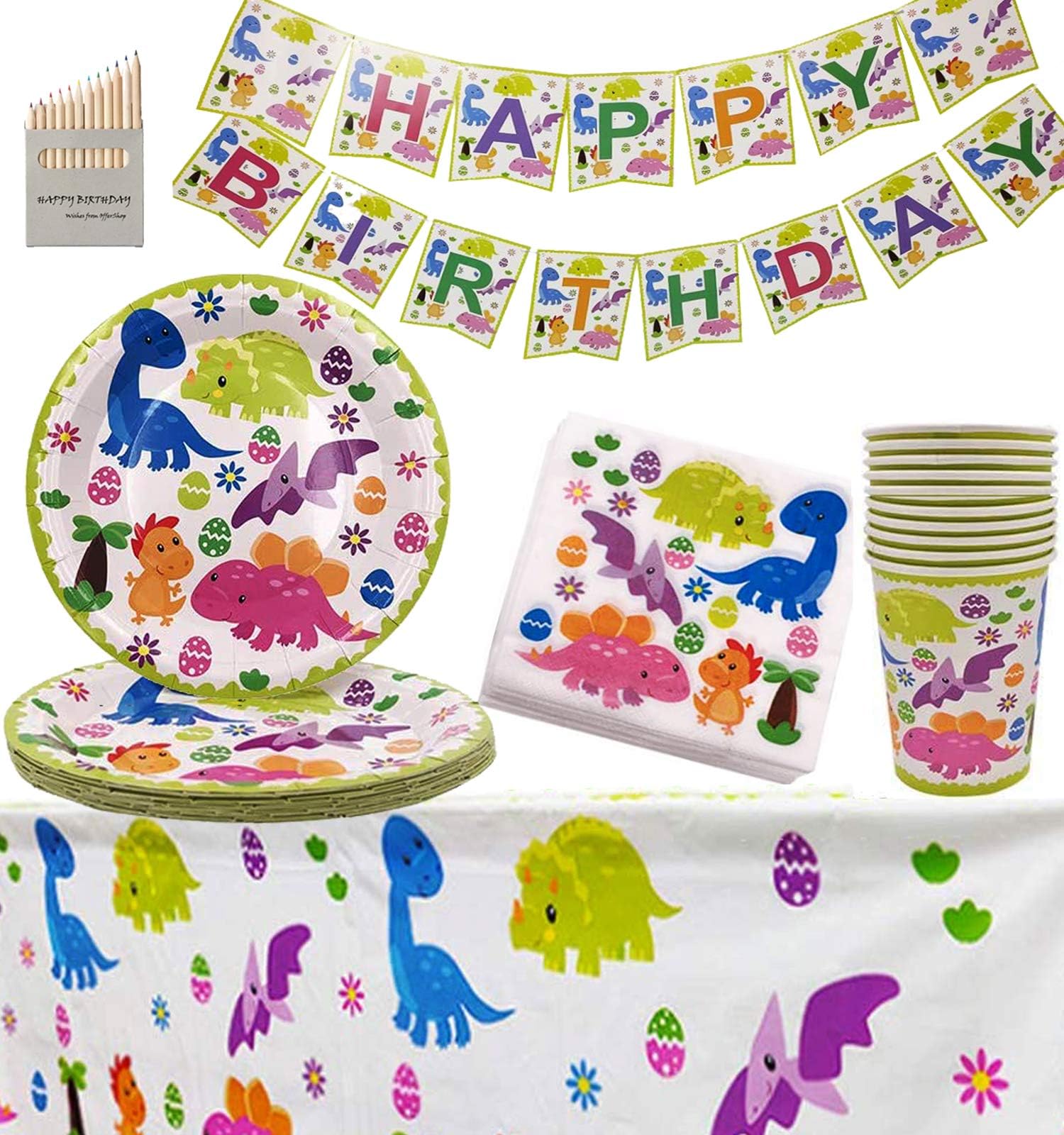 Dinosaur Party Set for Kids Birthday Celebration Dinosaur Themed Party Decoration SERVES 16- Dino Plates Cups Napkins Tablecloth Banner
