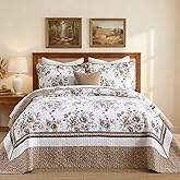QuiltMuse 100% Cotton Oversized King Bedspread 128"x120" - Lightweight Farmhouse California Quilt with 2 Shams, Reversible Printed Floral Pattern Extra Wide Quilted Bedding Coverlet Set, Brown/White