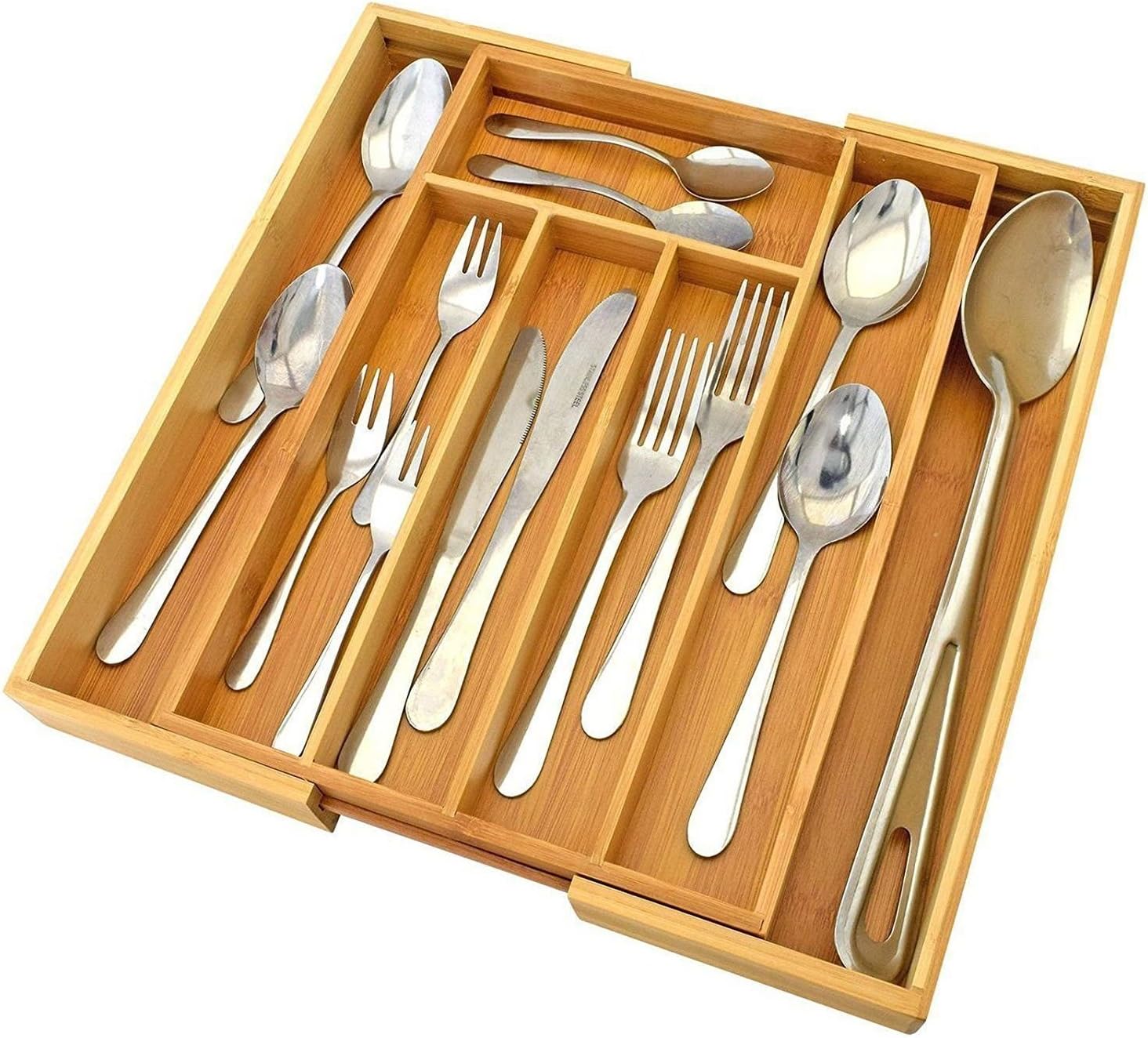 7 Sections Bamboo Cutlery Drawer Storage Draw Dividers Clutter