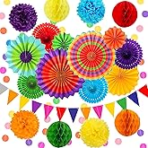 Colorful Birthday Decorations - Mexican Fiesta Party Decorations with Paper Fans, Paper Pom Poms,Dots Garland, Pennant Banner, Honeycomb Balls Packs