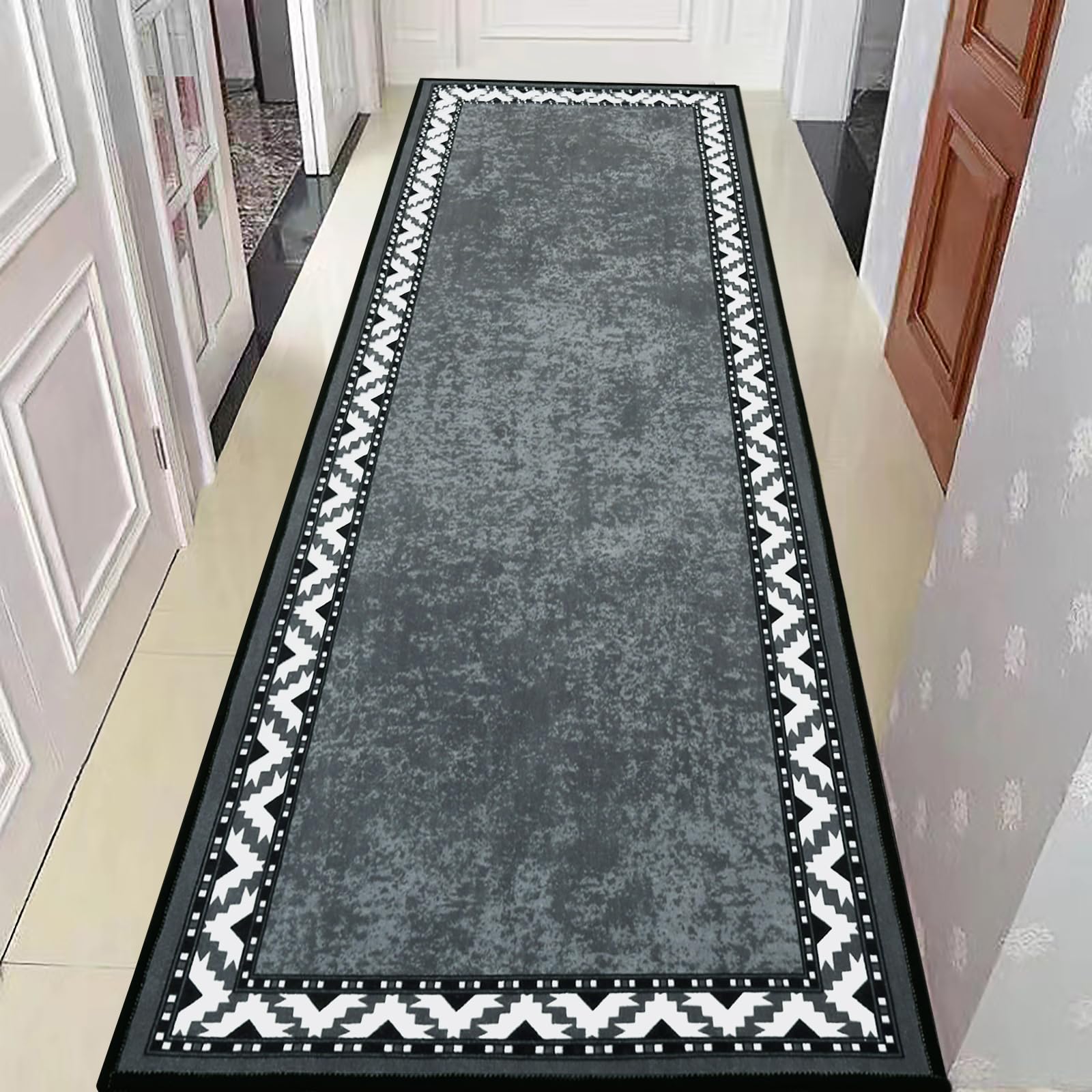 Rururug Hallway Runner Rug Non Slip Washable Long Door Mat Indoor Runners for Kitchen Entryway Hall, Durable Carpet Runner with Rubber Backed, Grey & White, 66x180 cm